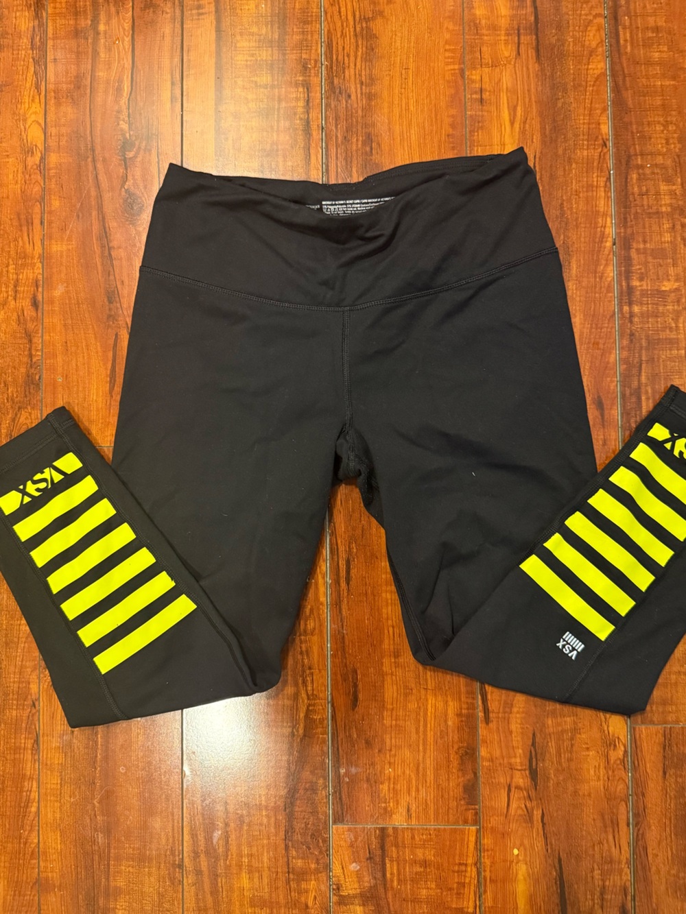 Victoria's Secret Black Leggings with Neon Yellow Calf Stripes